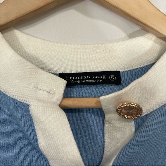 Emerson Lang Blue and Cream Button Front Cardigan Sweater S - Picture 4 of 7